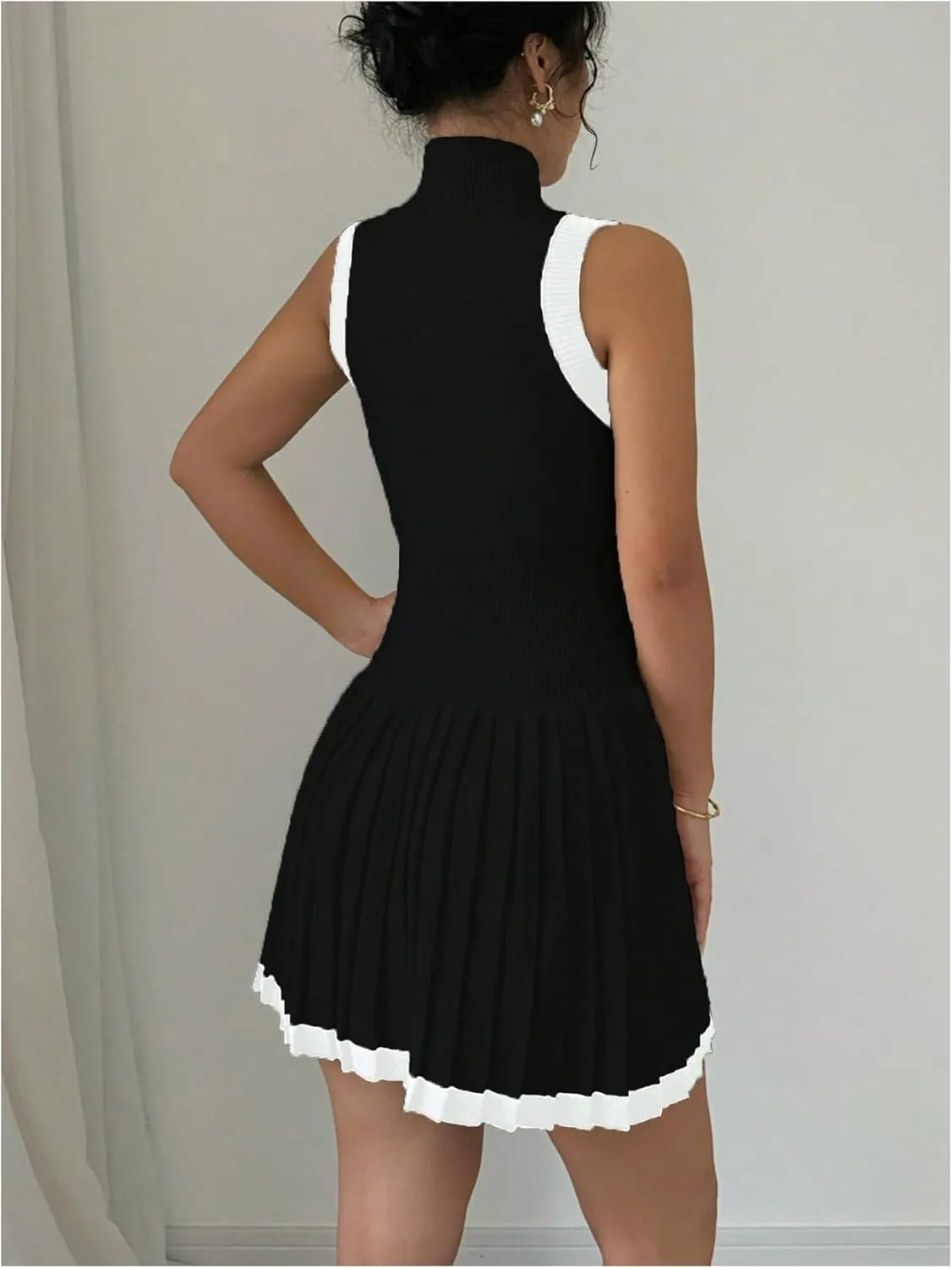 MakeMeChic Women's Mock Neck Sleeveless Sweater Dress Knit Crochet Mini Dress