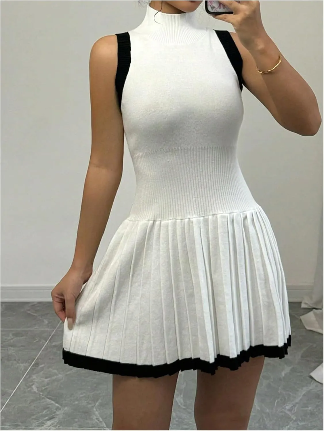 MakeMeChic Women's Mock Neck Sleeveless Sweater Dress Knit Crochet Mini Dress