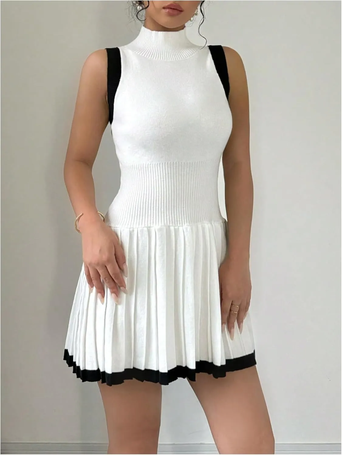 MakeMeChic Women's Mock Neck Sleeveless Sweater Dress Knit Crochet Mini Dress