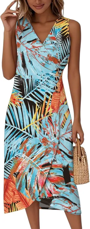 Maxi Dresses for Women 2025 Summer V Neck Loose Irregular Hem Tank Dress Casual Wrap Sundress Printed Beach Vacation Dress