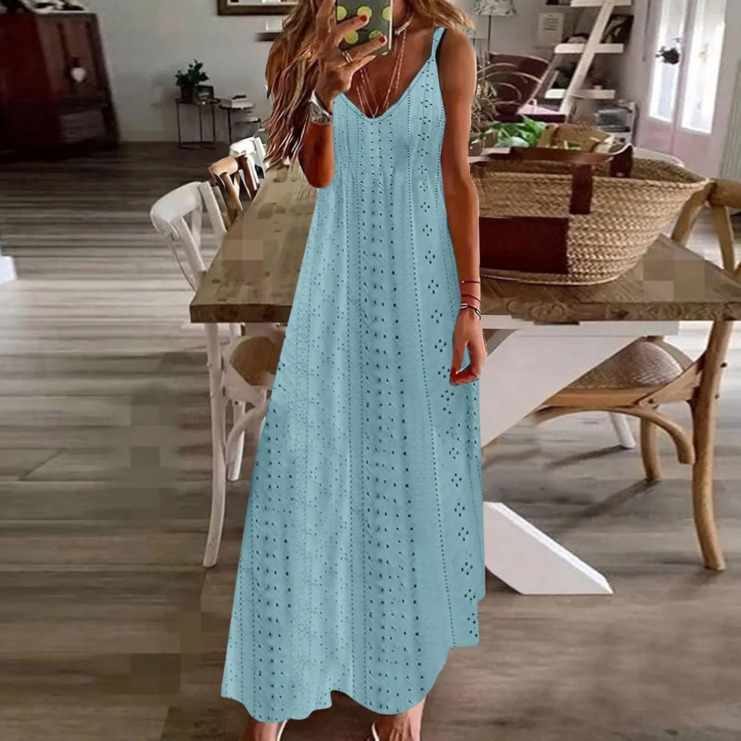 Maxi Long Dresses for Women 2025 Trendy Summer Casual V Neck Hollow Out Eyelet A Line Flowy Beach Vacation Dress
