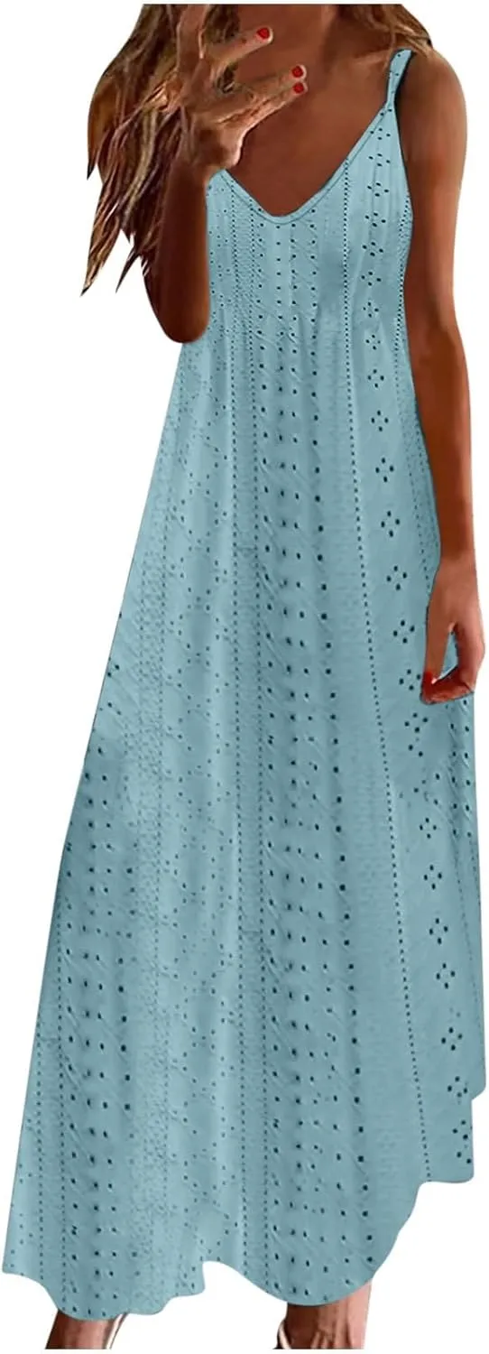 Maxi Long Dresses for Women 2025 Trendy Summer Casual V Neck Hollow Out Eyelet A Line Flowy Beach Vacation Dress