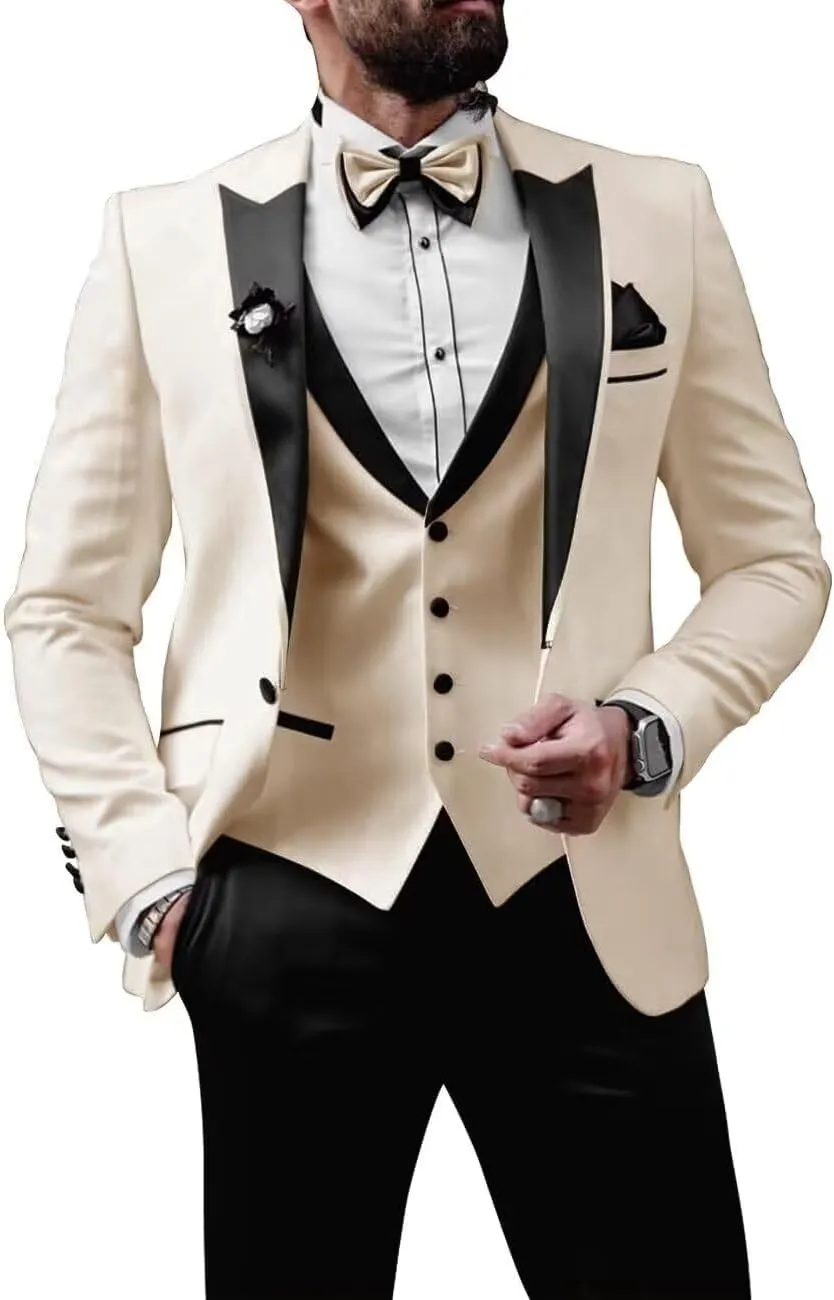 Men Tuxedo Suit Set 3 Piece Tux Wedding Suits Slim Fit Prom Tuxedos One Button Blazer Vest Pants Sets 2025