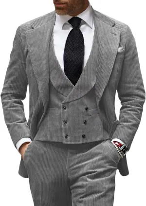 Men's 3 Piece Slim fit Corduroy Suit Double Breasted Vest Pant Set Party Prom Wedding Suit