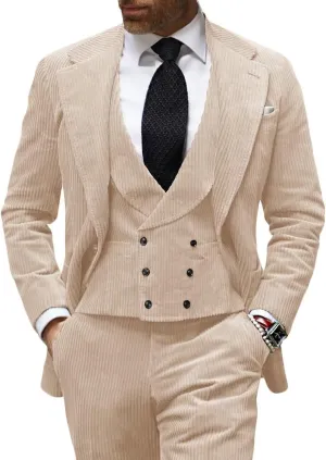 Men's 3 Piece Slim fit Corduroy Suit Double Breasted Vest Pant Set Party Prom Wedding Suit