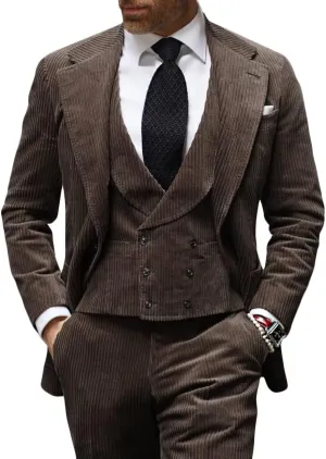 Men's 3 Piece Slim fit Corduroy Suit Double Breasted Vest Pant Set Party Prom Wedding Suit