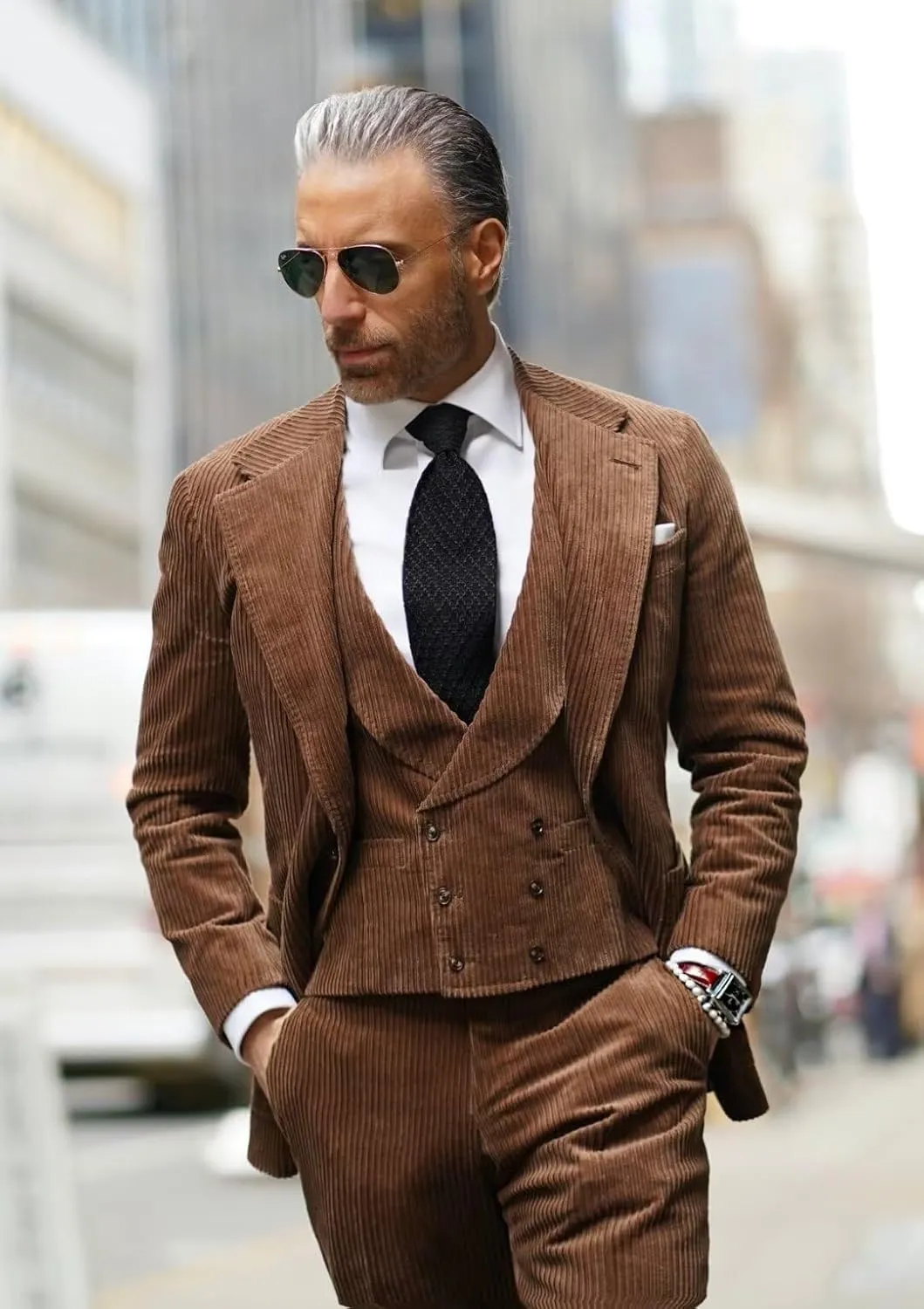 Men's 3 Piece Slim fit Corduroy Suit Double Breasted Vest Pant Set Party Prom Wedding Suit