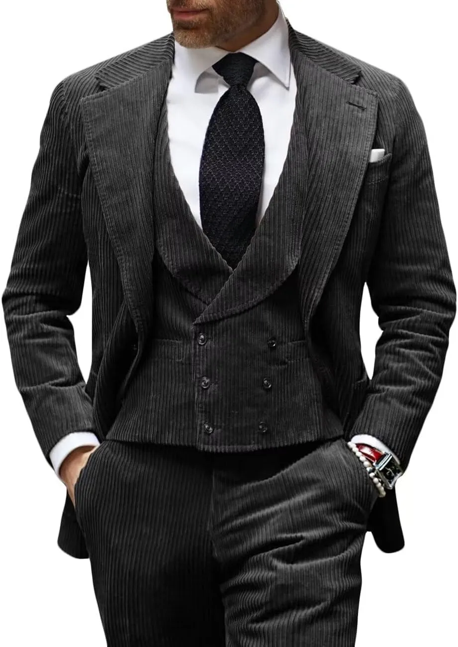 Men's 3 Piece Slim fit Corduroy Suit Double Breasted Vest Pant Set Party Prom Wedding Suit
