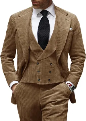 Men's 3 Piece Slim fit Corduroy Suit Double Breasted Vest Pant Set Party Prom Wedding Suit