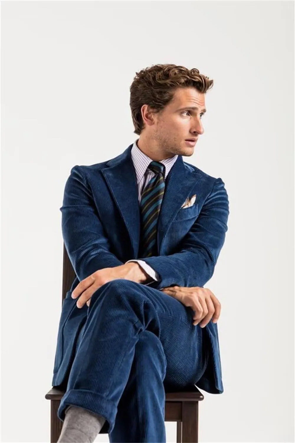 Men's 3 Piece Slim fit Corduroy Suit Double Breasted Vest Pant Set Party Prom Wedding Suit