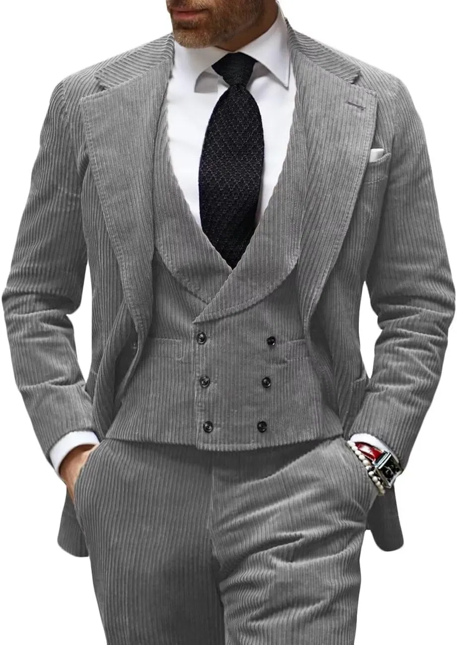 Men's 3 Piece Slim fit Corduroy Suit Double Breasted Vest Pant Set Party Prom Wedding Suit