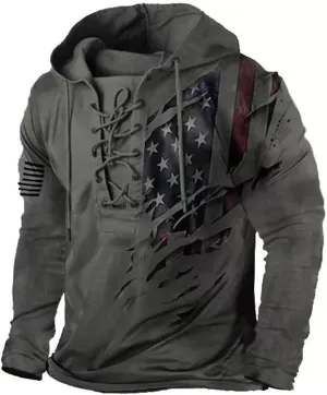 Men's American Flag Graphic Hoodies Outdoor Military Tactical Lace Up Hooded Sweatshirts Distressed Retro Pullover