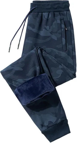 Mens Camo Joggers with Zipper Pocket Plus Size Athletic Pants Workout Trousers Sports Sweatpants Fleece Lined Pants