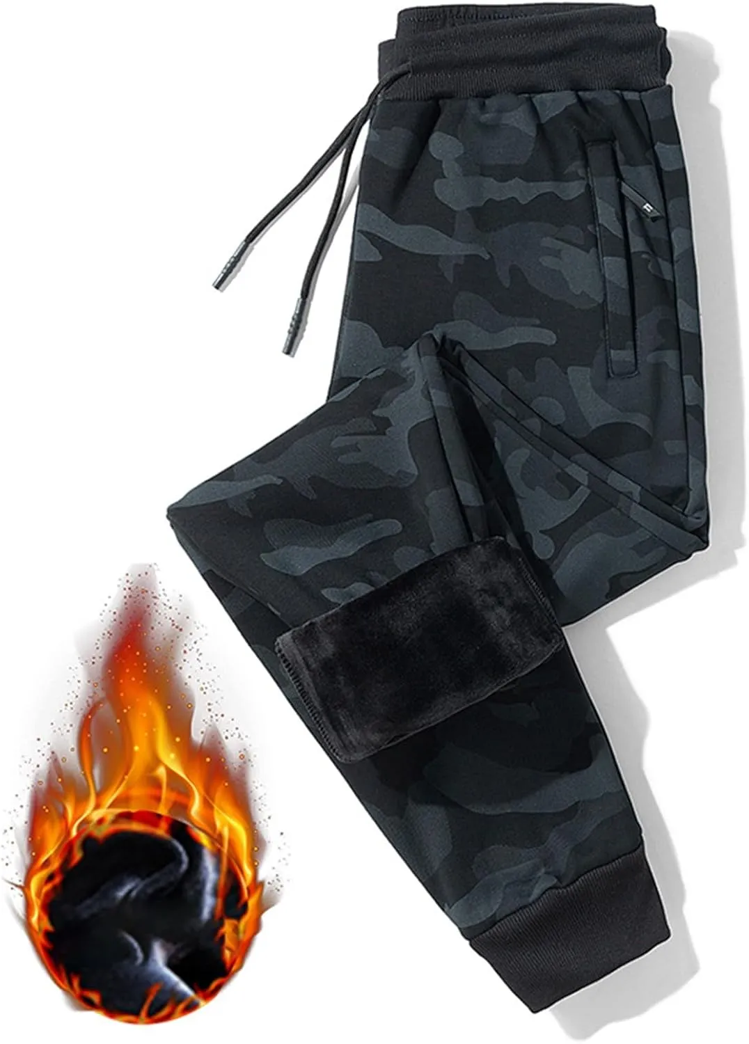 Mens Camo Joggers with Zipper Pocket Plus Size Athletic Pants Workout Trousers Sports Sweatpants Fleece Lined Pants