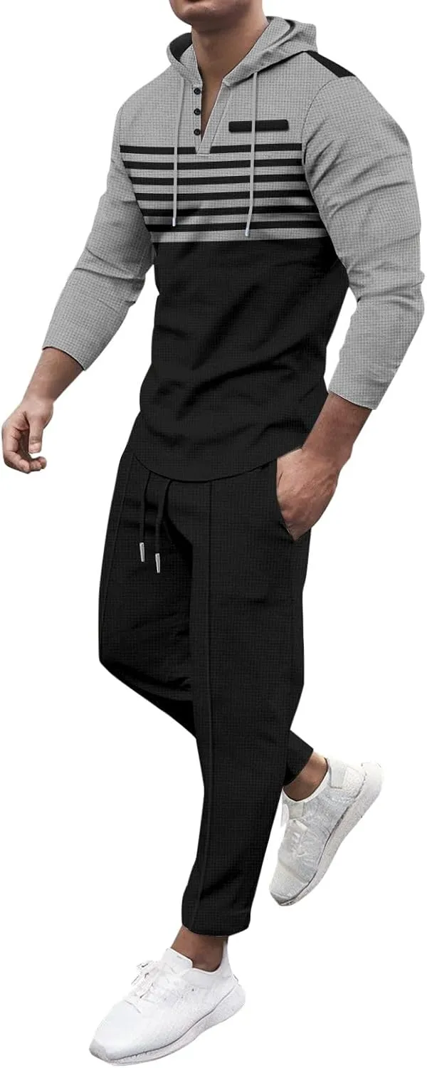 Men's Casual Active Tracksuits Leisure Hooded Solid Color Sweatshirt Long Men's Tracksuit 2 Piece Hooded Athletic