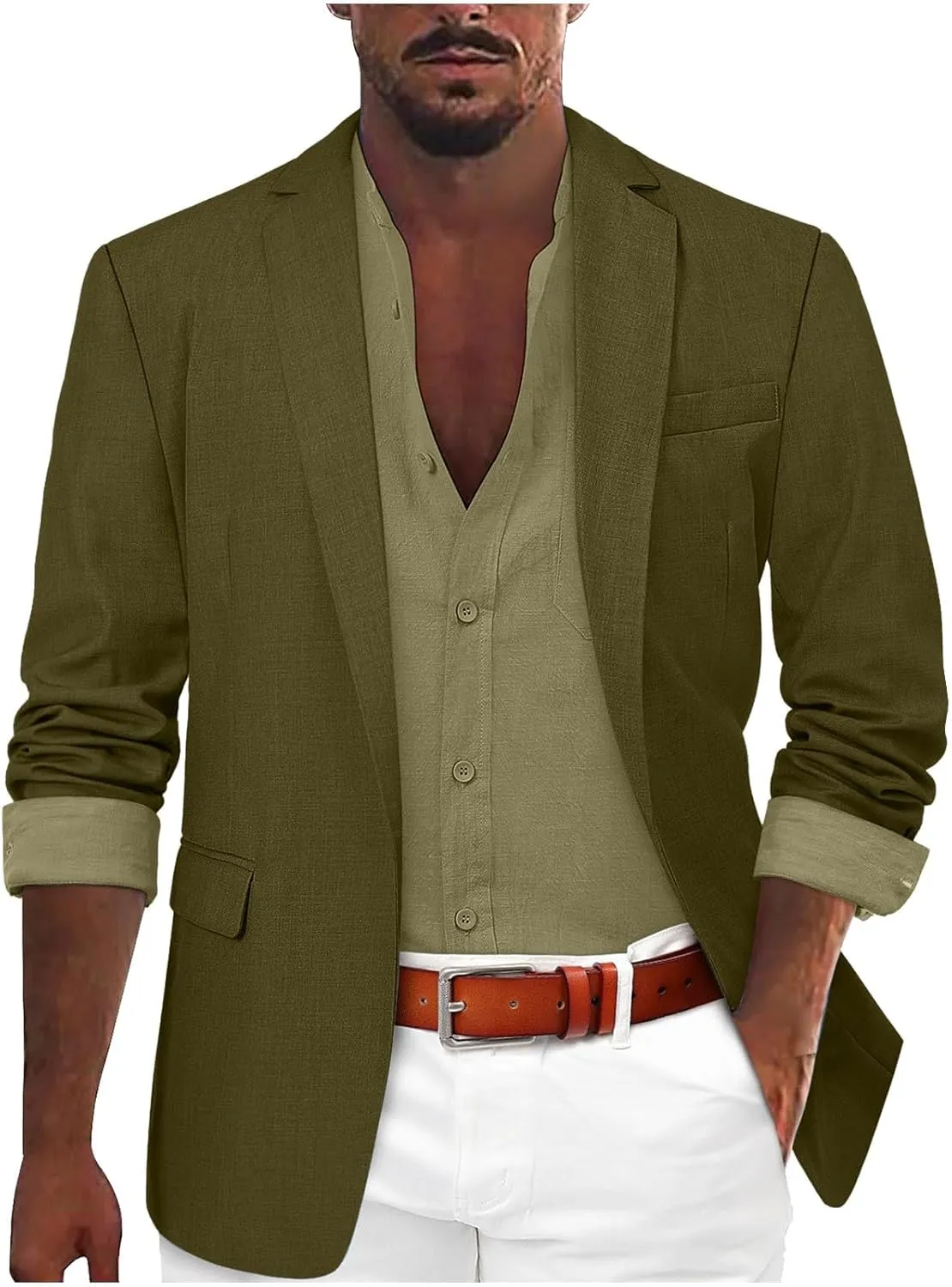 Mens Casual Blazers Summer Business Suit Jackets Lightweight One Button Cotton-Linen Sport Coats with Front Pocket