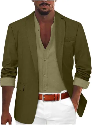 Mens Casual Blazers Summer Business Suit Jackets Lightweight One Button Cotton-Linen Sport Coats with Front Pocket