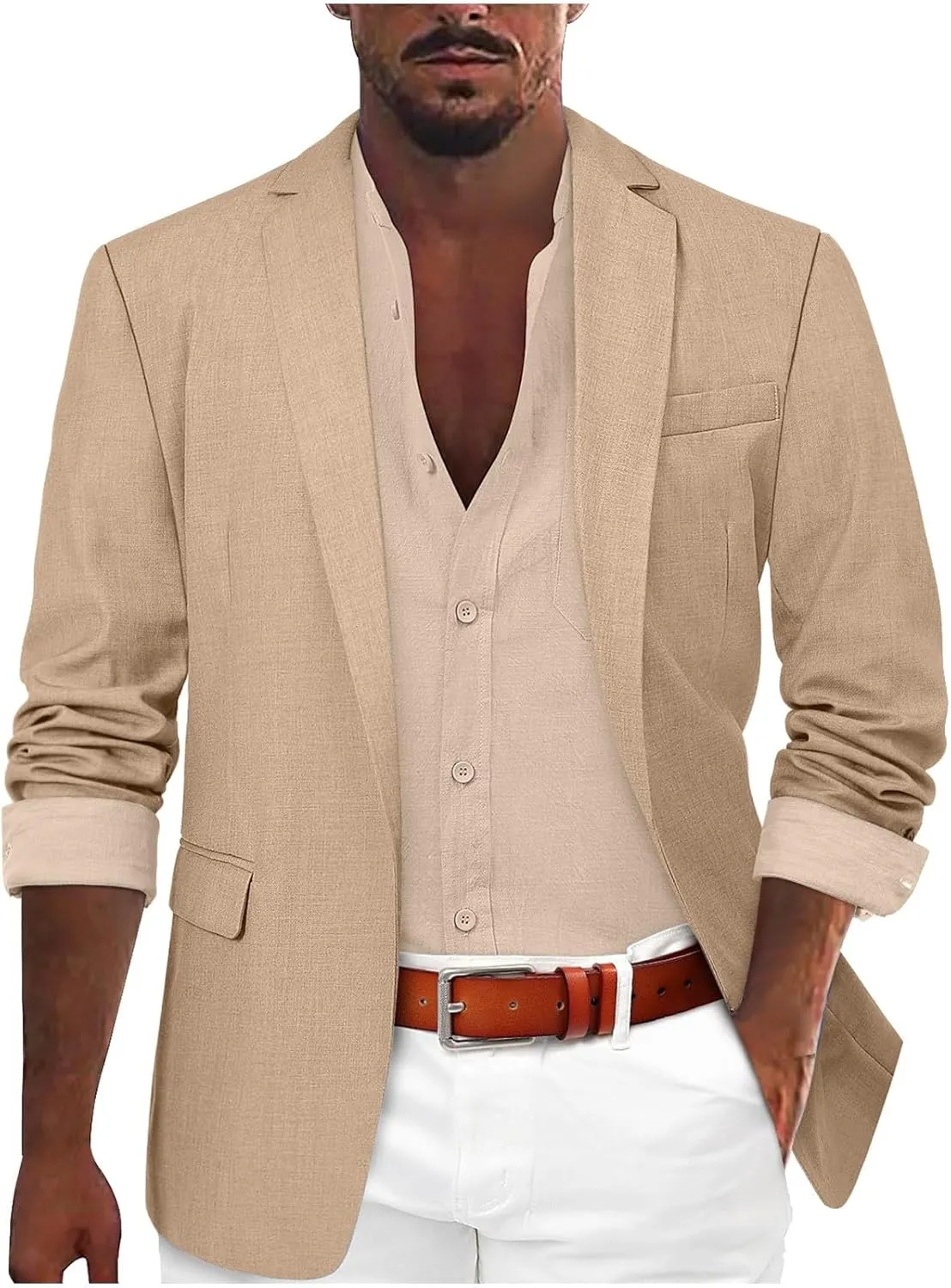 Mens Casual Blazers Summer Business Suit Jackets Lightweight One Button Cotton-Linen Sport Coats with Front Pocket