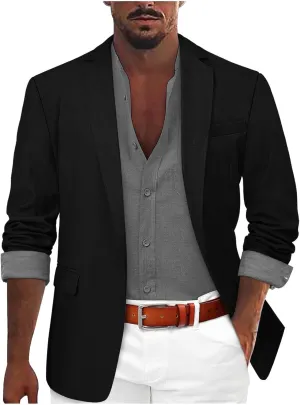 Mens Casual Blazers Summer Business Suit Jackets Lightweight One Button Cotton-Linen Sport Coats with Front Pocket
