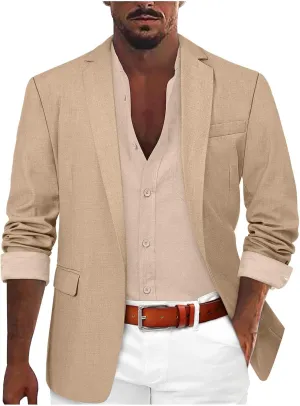 Mens Casual Blazers Summer Business Suit Jackets Lightweight One Button Cotton-Linen Sport Coats with Front Pocket