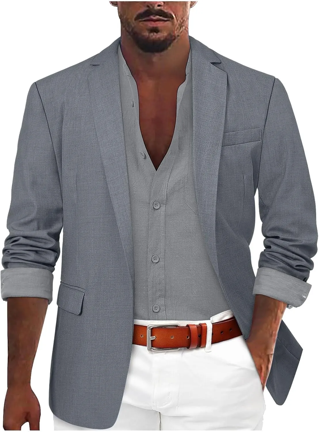 Mens Casual Blazers Summer Business Suit Jackets Lightweight One Button Cotton-Linen Sport Coats with Front Pocket