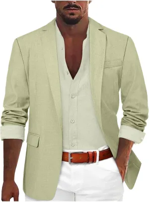 Mens Casual Blazers Summer Business Suit Jackets Lightweight One Button Cotton-Linen Sport Coats with Front Pocket