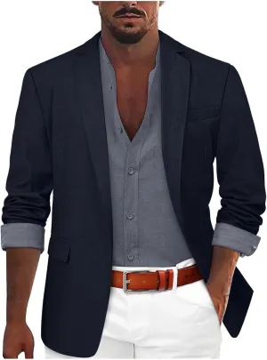 Mens Casual Blazers Summer Business Suit Jackets Lightweight One Button Cotton-Linen Sport Coats with Front Pocket