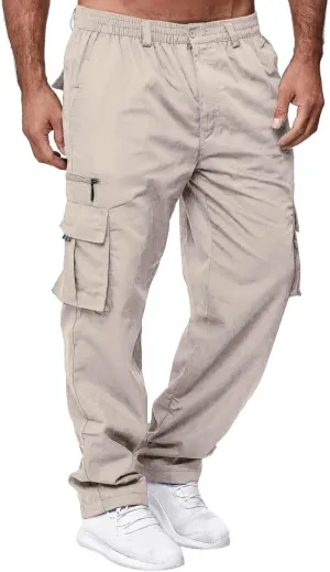 Mens Casual Cargo Pants Hiking Pants Elastic Cotton Workout Joggers Sweatpants for Men Multi Pockets 2024