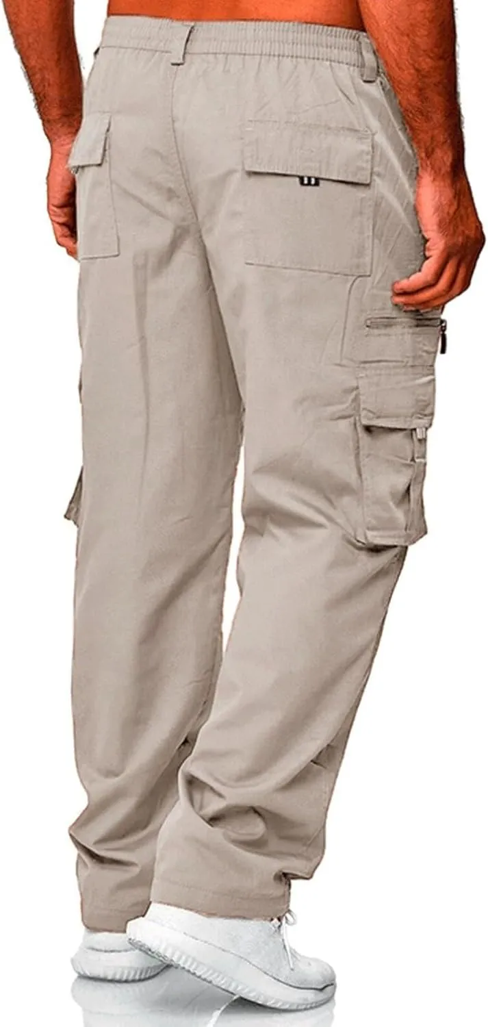Mens Casual Cargo Pants Hiking Pants Elastic Cotton Workout Joggers Sweatpants for Men Multi Pockets 2024