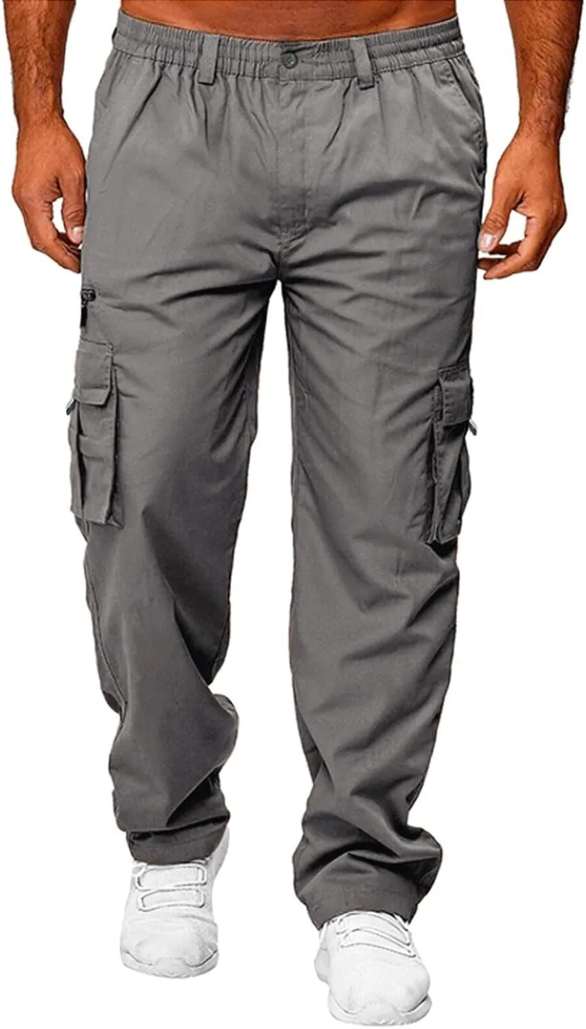 Mens Casual Cargo Pants Hiking Pants Elastic Cotton Workout Joggers Sweatpants for Men Multi Pockets 2024