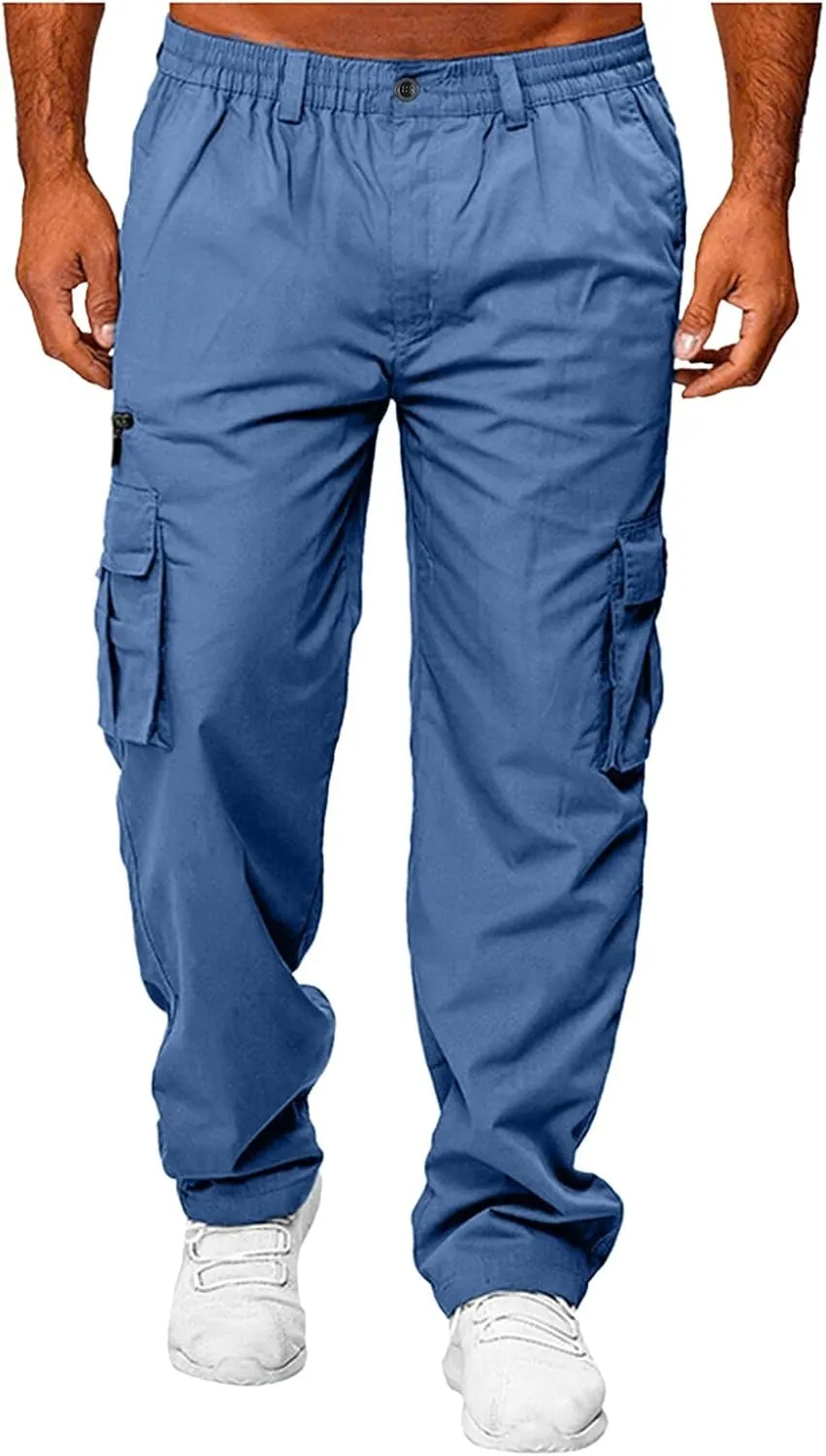 Mens Casual Cargo Pants Hiking Pants Elastic Cotton Workout Joggers Sweatpants for Men Multi Pockets 2024