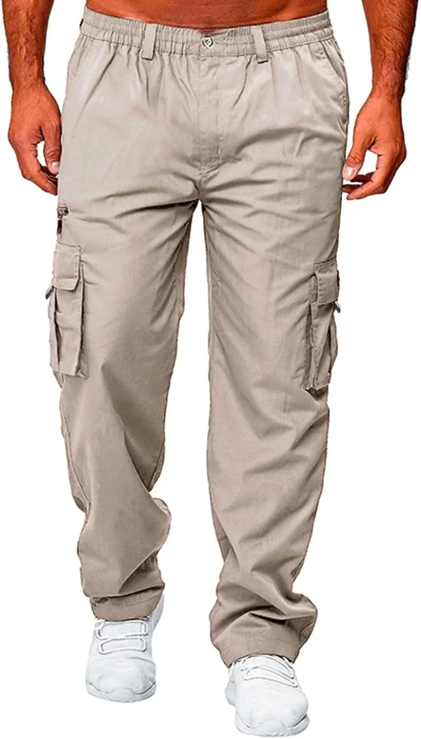 Mens Casual Cargo Pants Hiking Pants Elastic Cotton Workout Joggers Sweatpants for Men Multi Pockets 2024