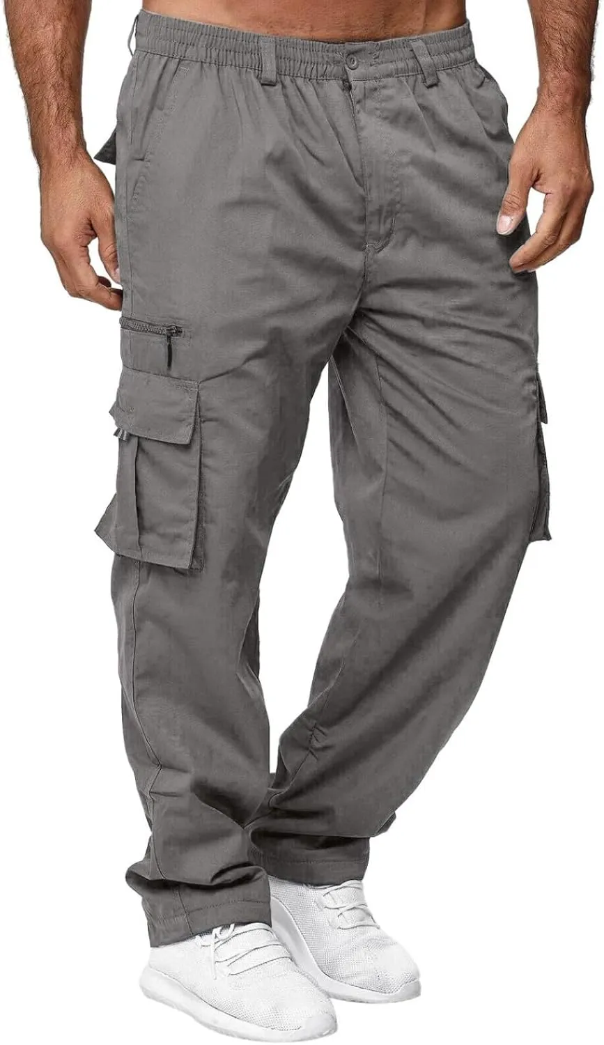 Mens Casual Cargo Pants Hiking Pants Elastic Cotton Workout Joggers Sweatpants for Men Multi Pockets 2024