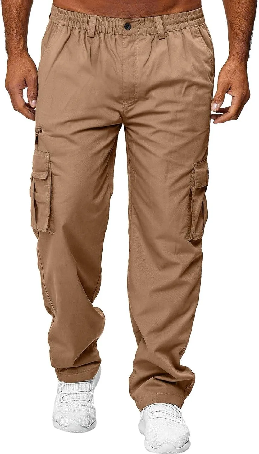 Mens Casual Cargo Pants Hiking Pants Elastic Cotton Workout Joggers Sweatpants for Men Multi Pockets 2024