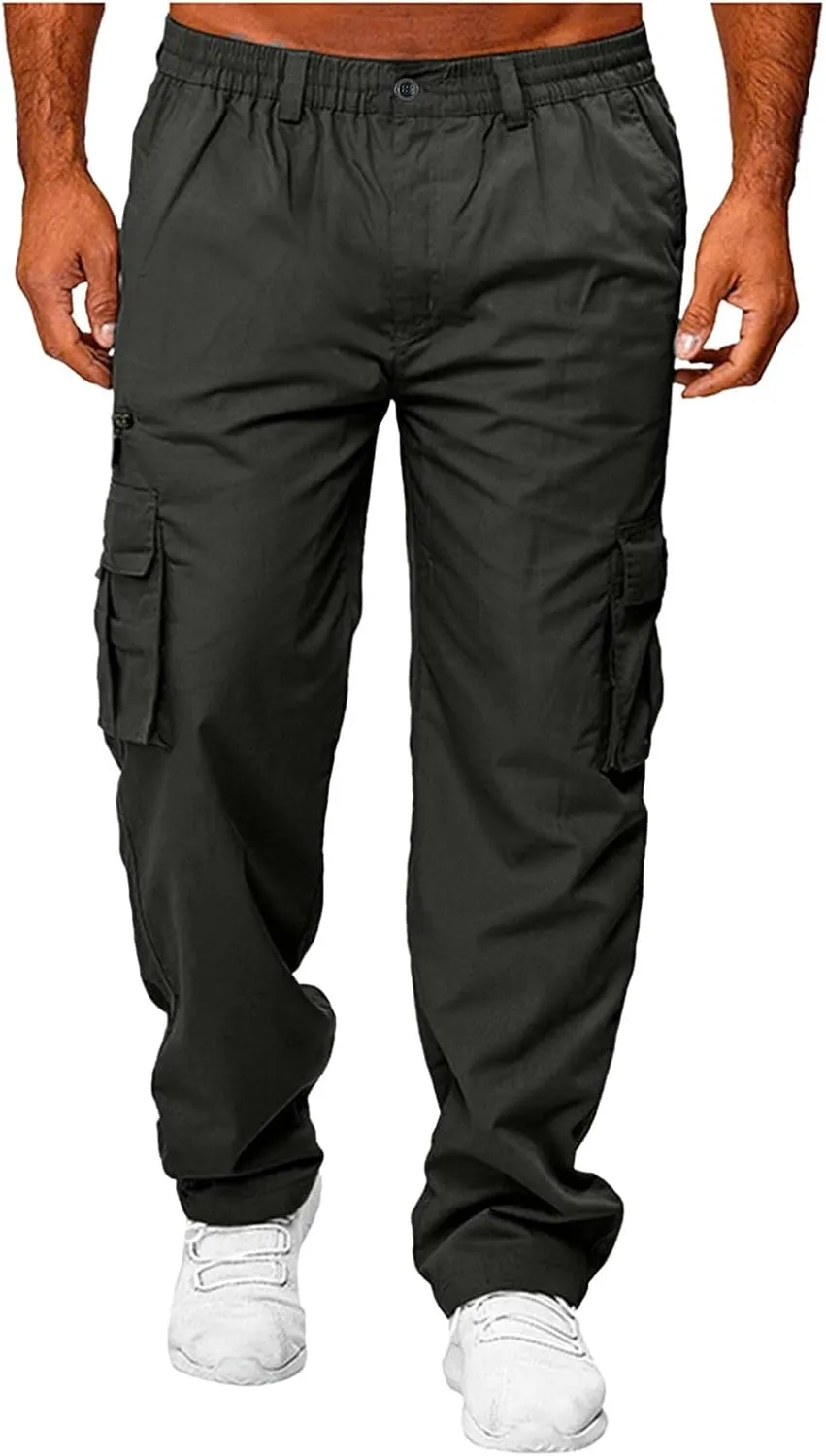 Mens Casual Cargo Pants Hiking Pants Elastic Cotton Workout Joggers Sweatpants for Men Multi Pockets 2024