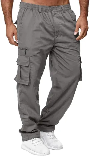 Mens Casual Cargo Pants Hiking Pants Elastic Cotton Workout Joggers Sweatpants for Men Multi Pockets 2024