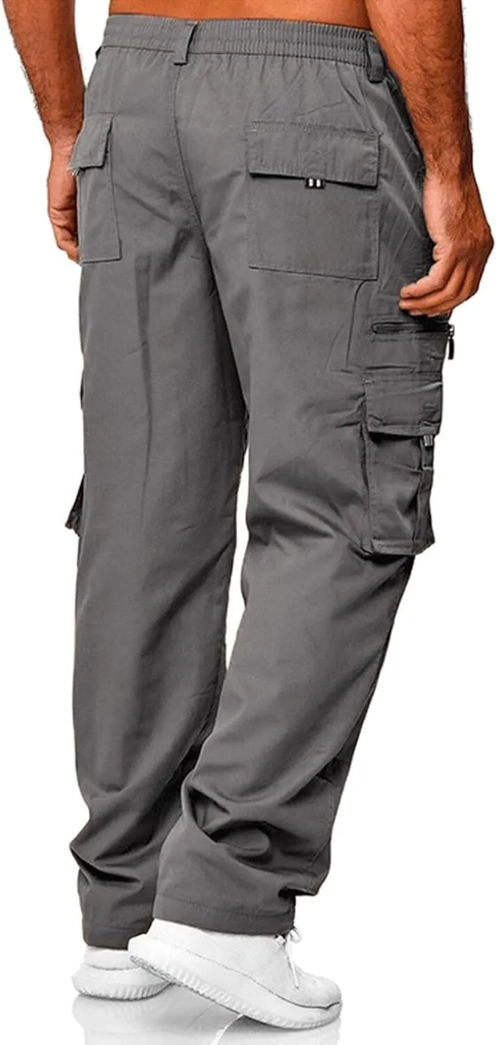 Mens Casual Cargo Pants Hiking Pants Elastic Cotton Workout Joggers Sweatpants for Men Multi Pockets 2024