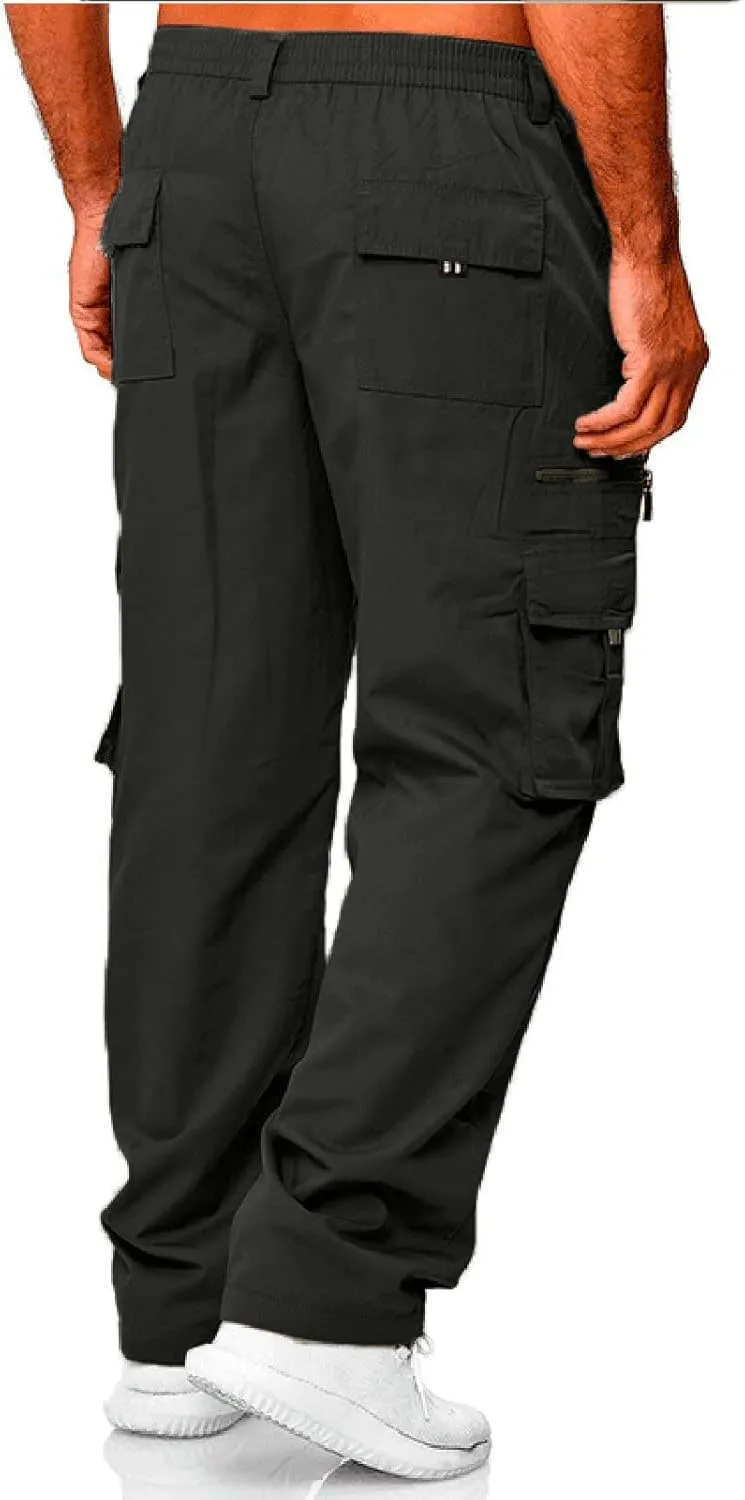 Mens Casual Cargo Pants Hiking Pants Elastic Cotton Workout Joggers Sweatpants for Men Multi Pockets 2024