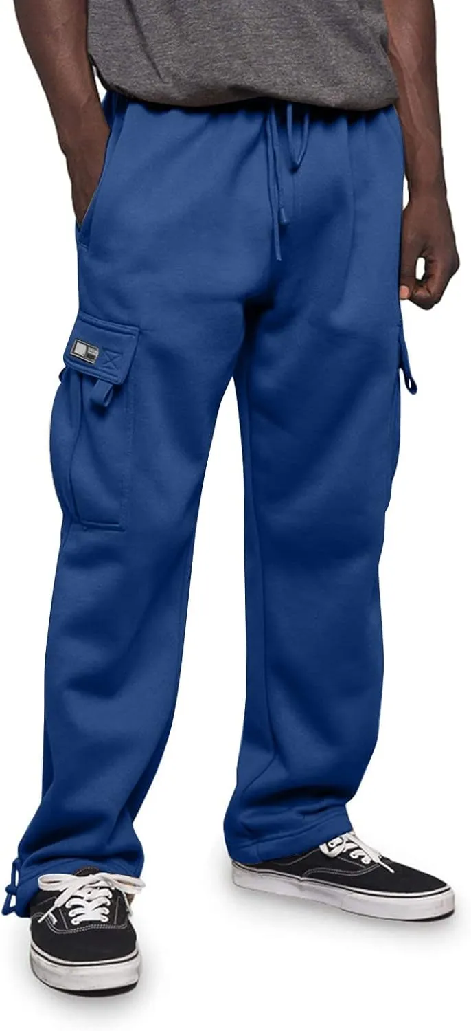 Mens Casual Fleece Cargo Sweatpants Athletic Trousers Elastic Cotton Jogger Straight Leg Pants with Pockets
