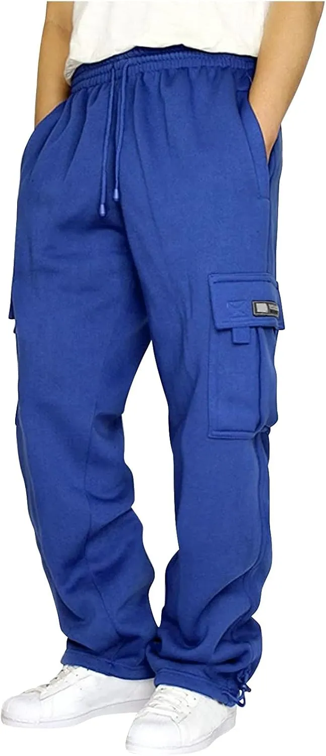 Mens Casual Fleece Cargo Sweatpants Athletic Trousers Elastic Cotton Jogger Straight Leg Pants with Pockets