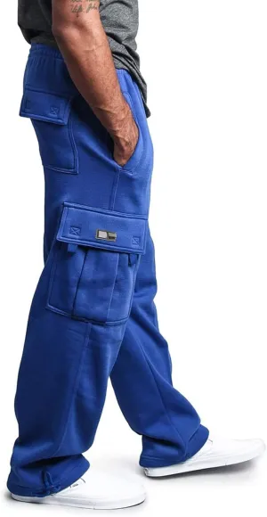 Mens Casual Fleece Cargo Sweatpants Athletic Trousers Elastic Cotton Jogger Straight Leg Pants with Pockets