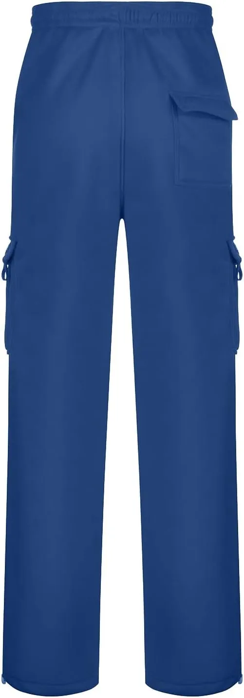 Mens Casual Fleece Cargo Sweatpants Athletic Trousers Elastic Cotton Jogger Straight Leg Pants with Pockets