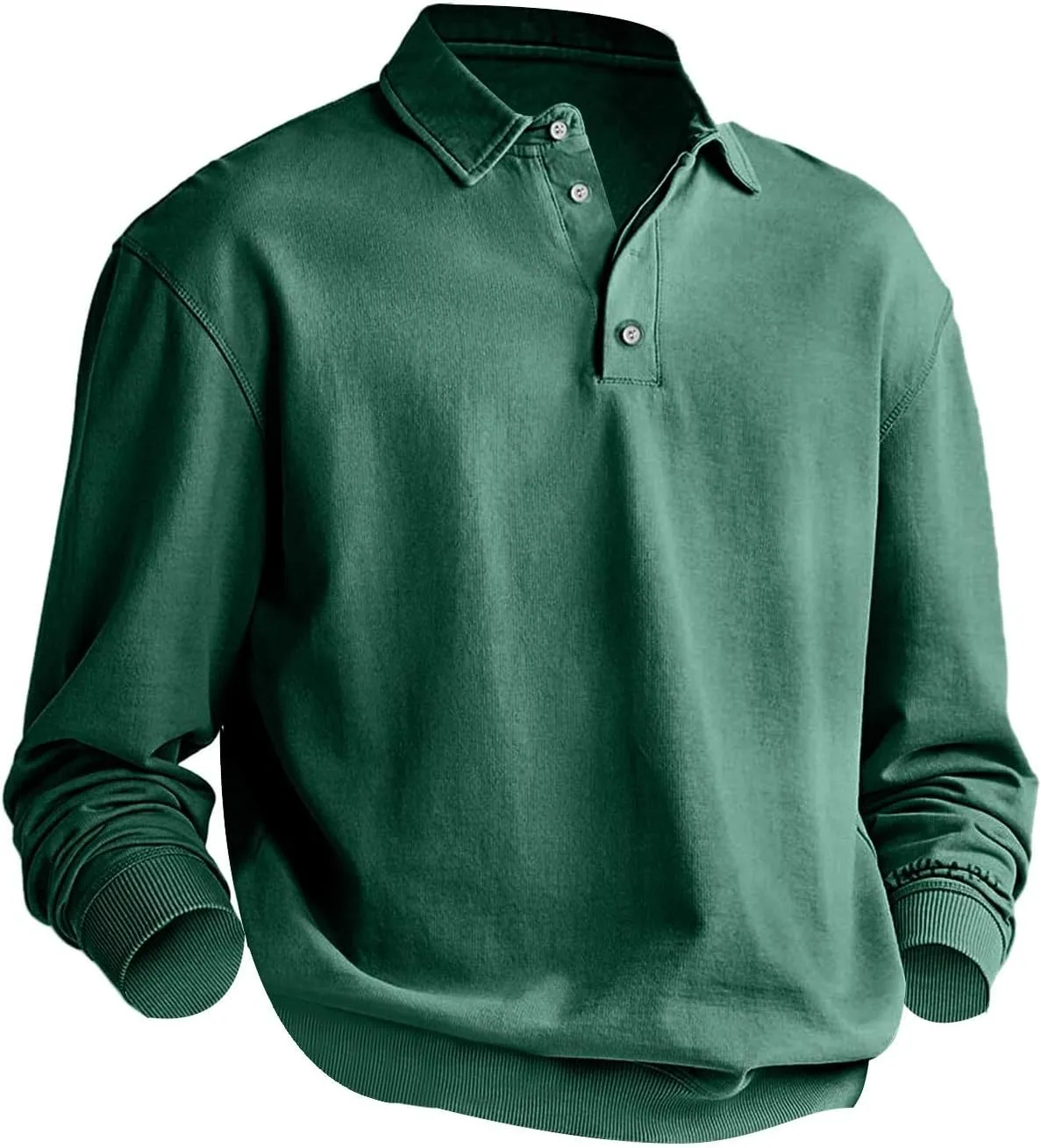 Mens Casual Polo Shirts Vintage Distressed Washed Long Sleeve Button Up Golf Pullover Sweatshirts Retro Streetwear