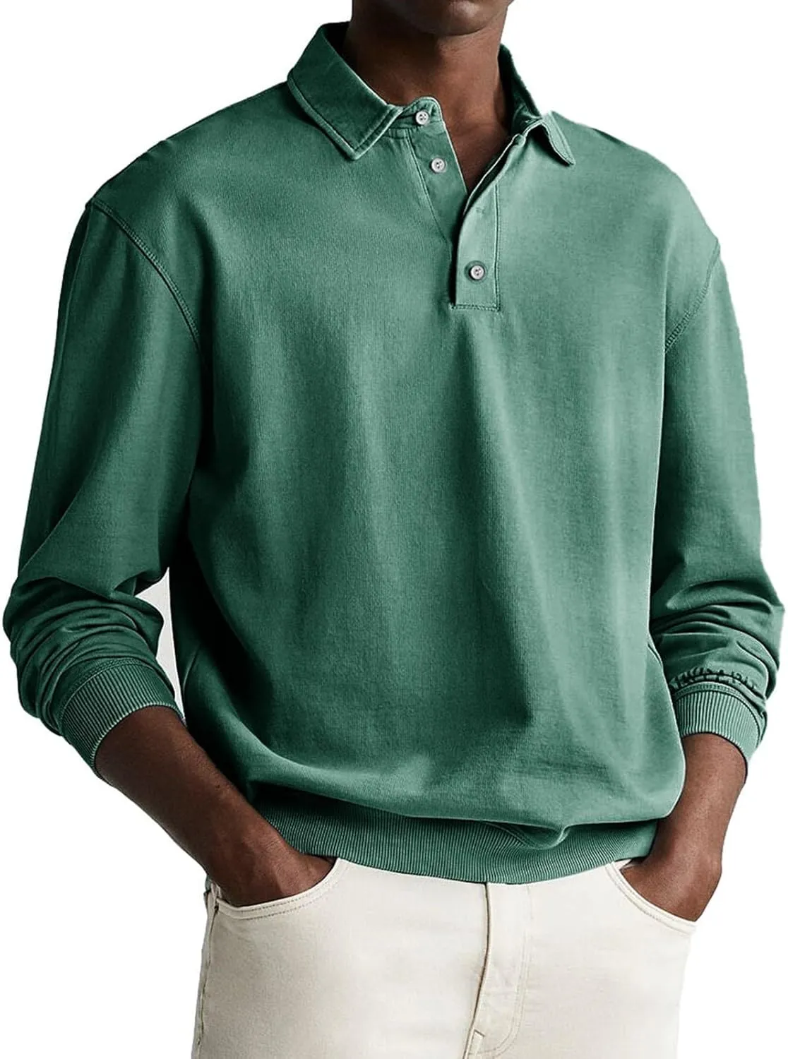 Mens Casual Polo Shirts Vintage Distressed Washed Long Sleeve Button Up Golf Pullover Sweatshirts Retro Streetwear