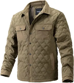 Men's Diamond Quilted Puffer Jacket Casual Fall Winter Shirts Snap Button Down Shirt Jackets for Men with Pockets