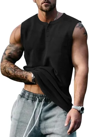 Mens Henley Tank Tops Casual Sleeveless Button Down Shirts Cotton Blend Crewneck Beach Hippie Tops Muscle Slim Fit Shirts