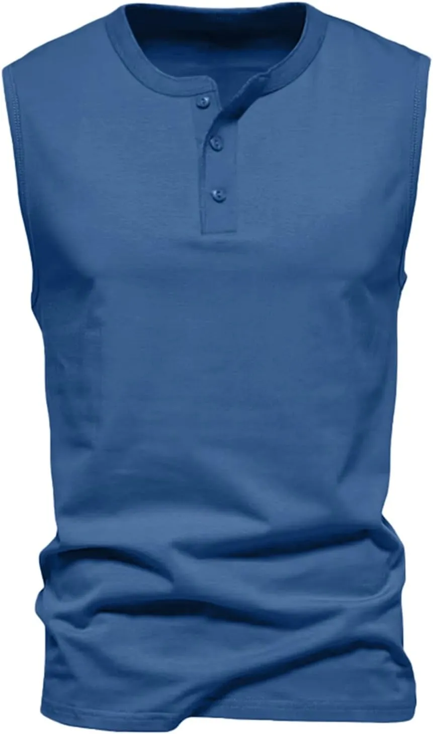 Mens Henley Tank Tops Casual Sleeveless Button Down Shirts Cotton Blend Crewneck Beach Hippie Tops Muscle Slim Fit Shirts