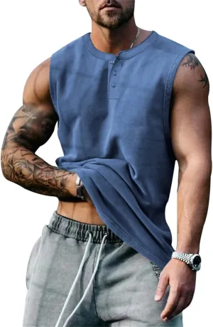 Mens Henley Tank Tops Casual Sleeveless Button Down Shirts Cotton Blend Crewneck Beach Hippie Tops Muscle Slim Fit Shirts