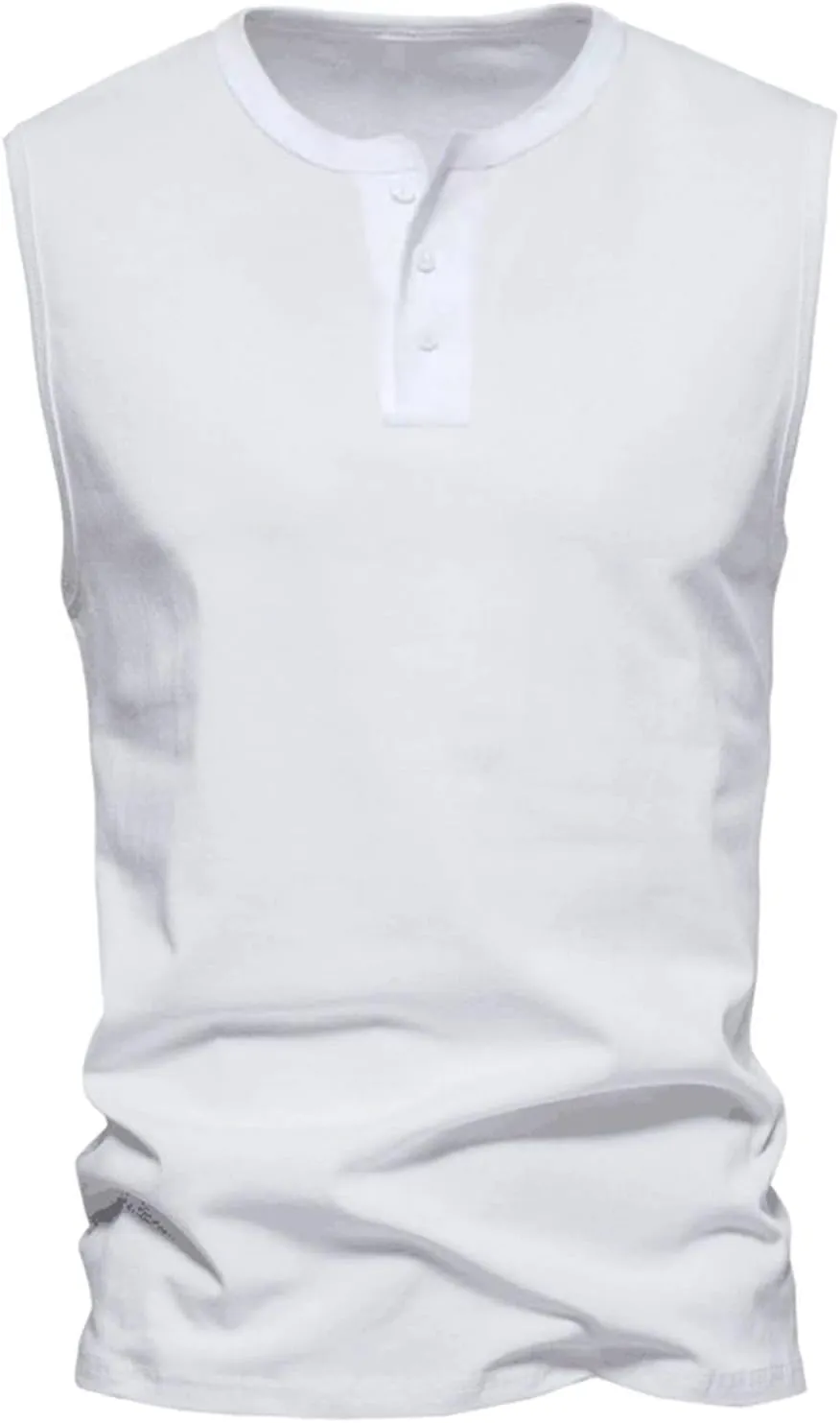 Mens Henley Tank Tops Casual Sleeveless Button Down Shirts Cotton Blend Crewneck Beach Hippie Tops Muscle Slim Fit Shirts
