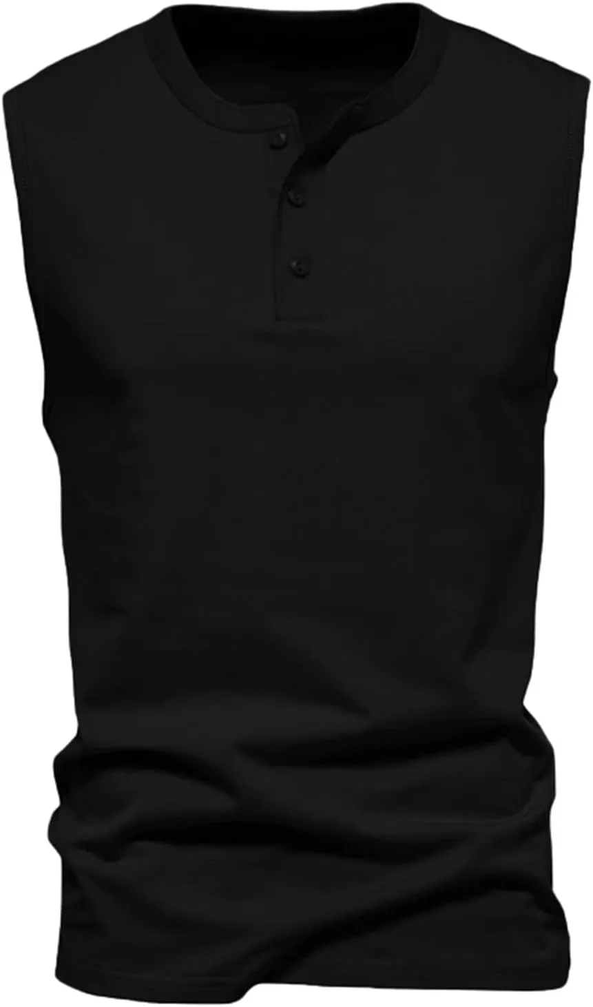 Mens Henley Tank Tops Casual Sleeveless Button Down Shirts Cotton Blend Crewneck Beach Hippie Tops Muscle Slim Fit Shirts